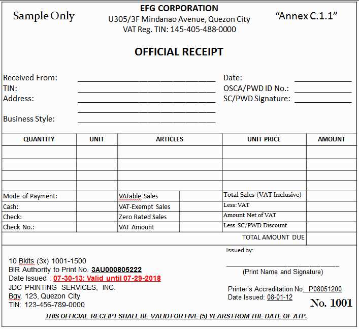 corporate distribution receipt template