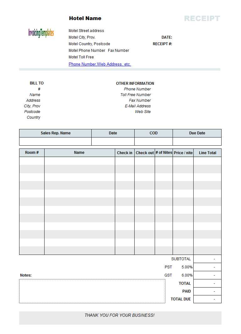 accommodation receipt template word