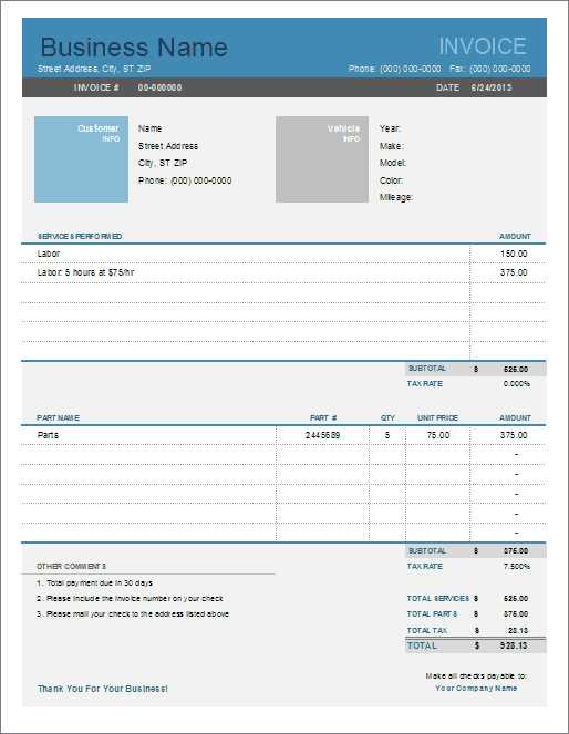 auto repair receipt template