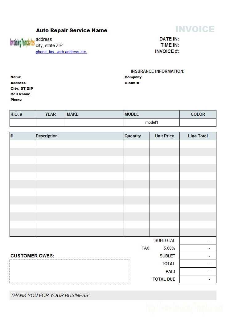 auto repair receipt template