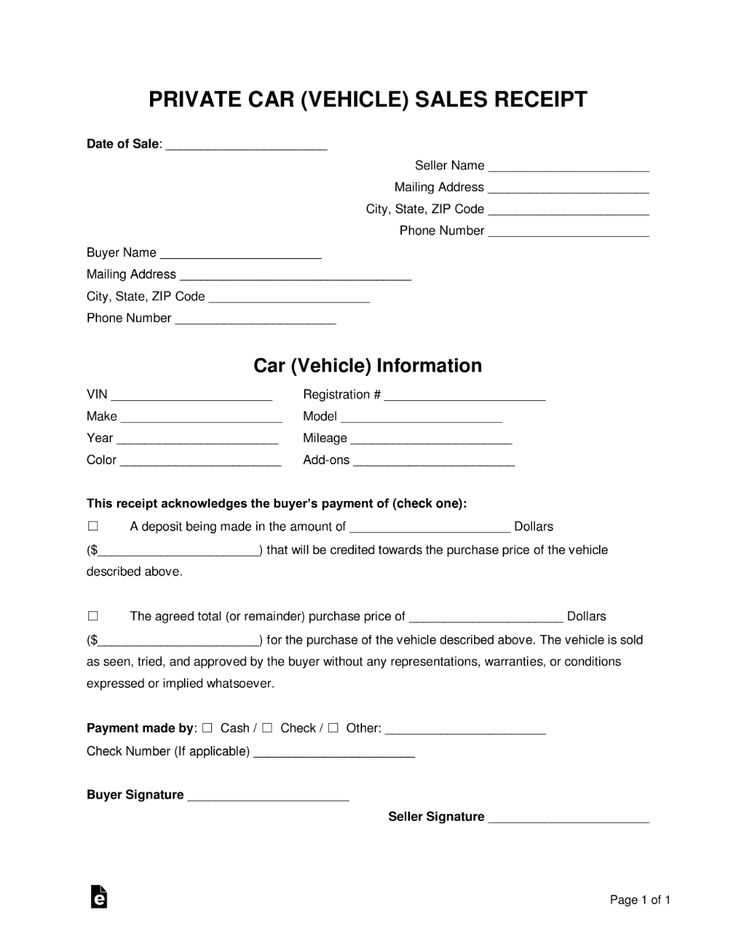 Car sale receipt template australia