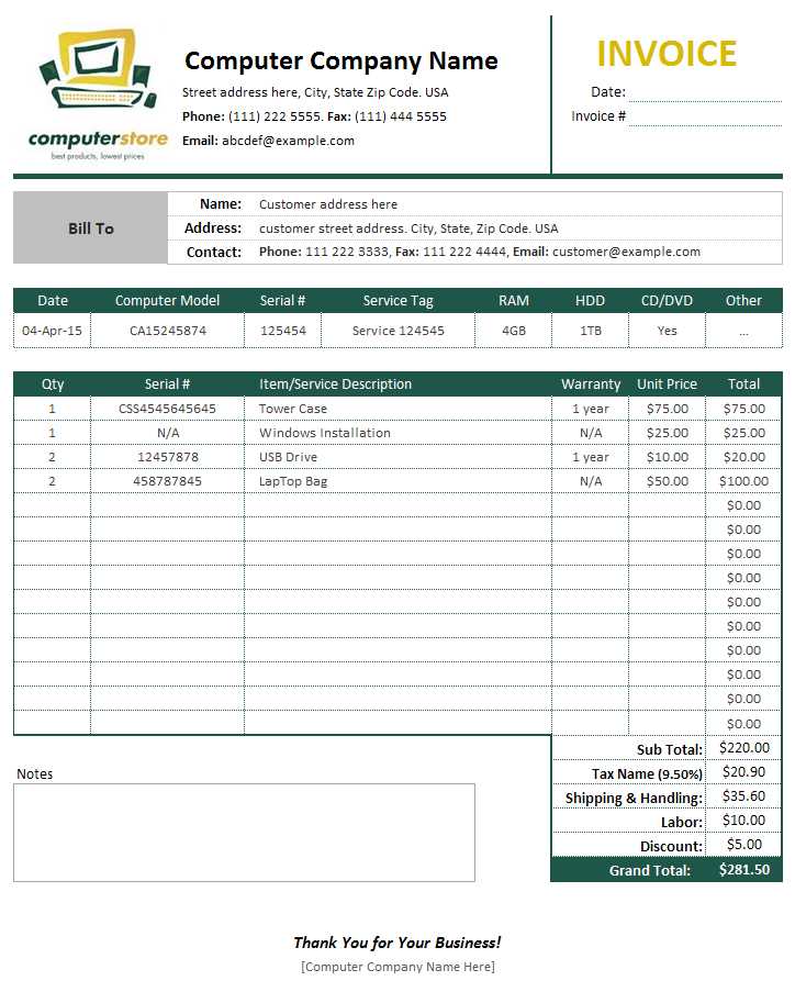 computer sales receipt template