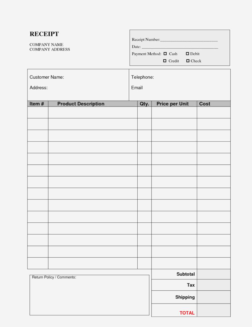 legal item receipt template