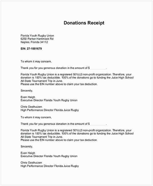 Non profit clothing donation receipt letter template