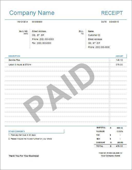 paid receipt template template