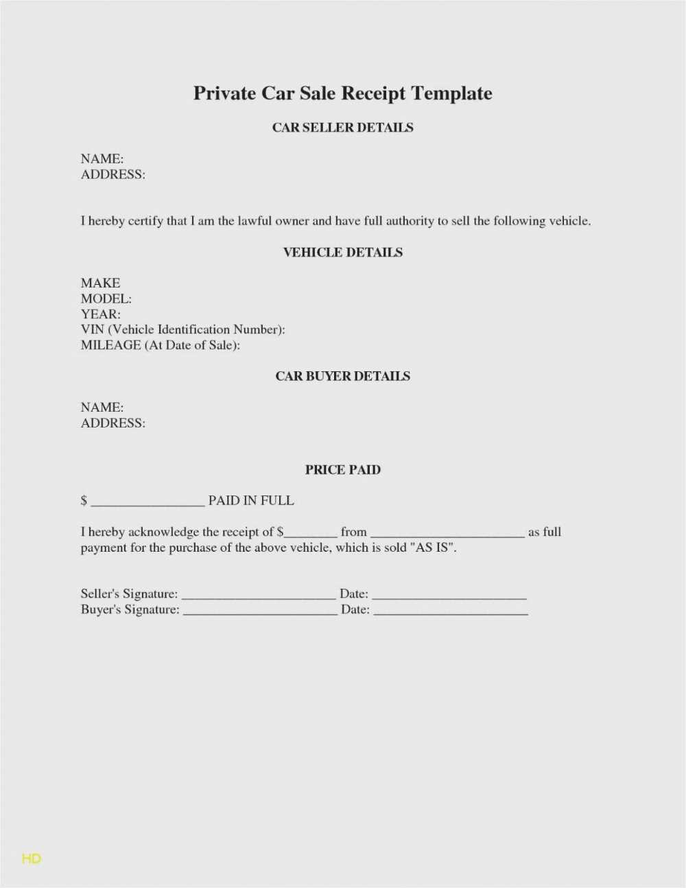 private car sale receipt template nsw