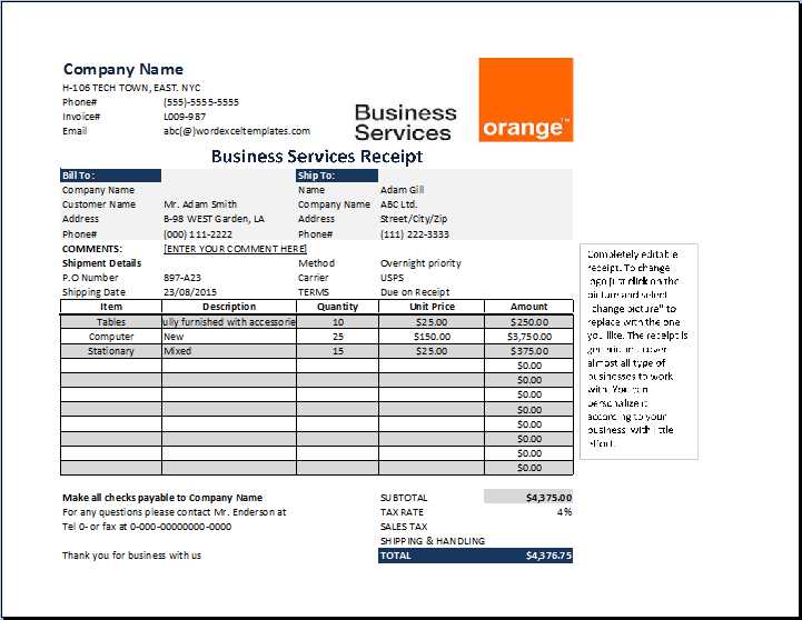 receipt for services template free