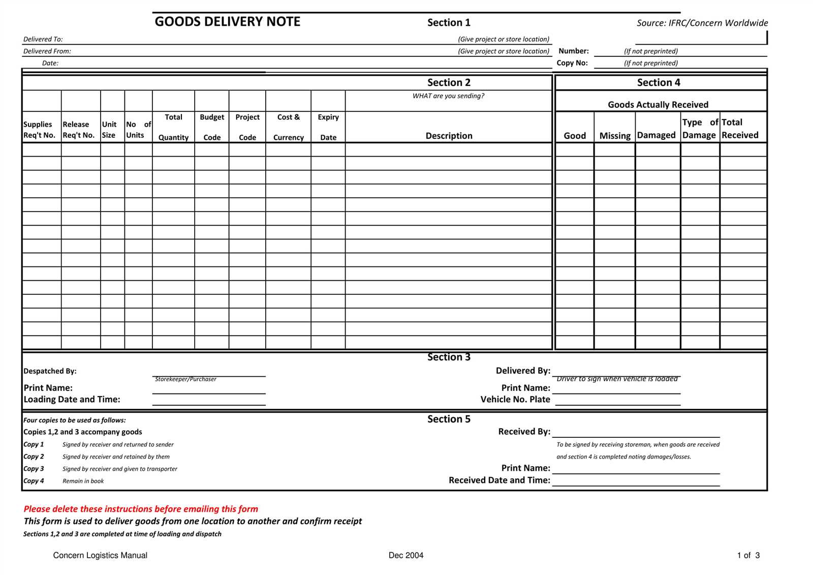 receipt of goods form template xls
