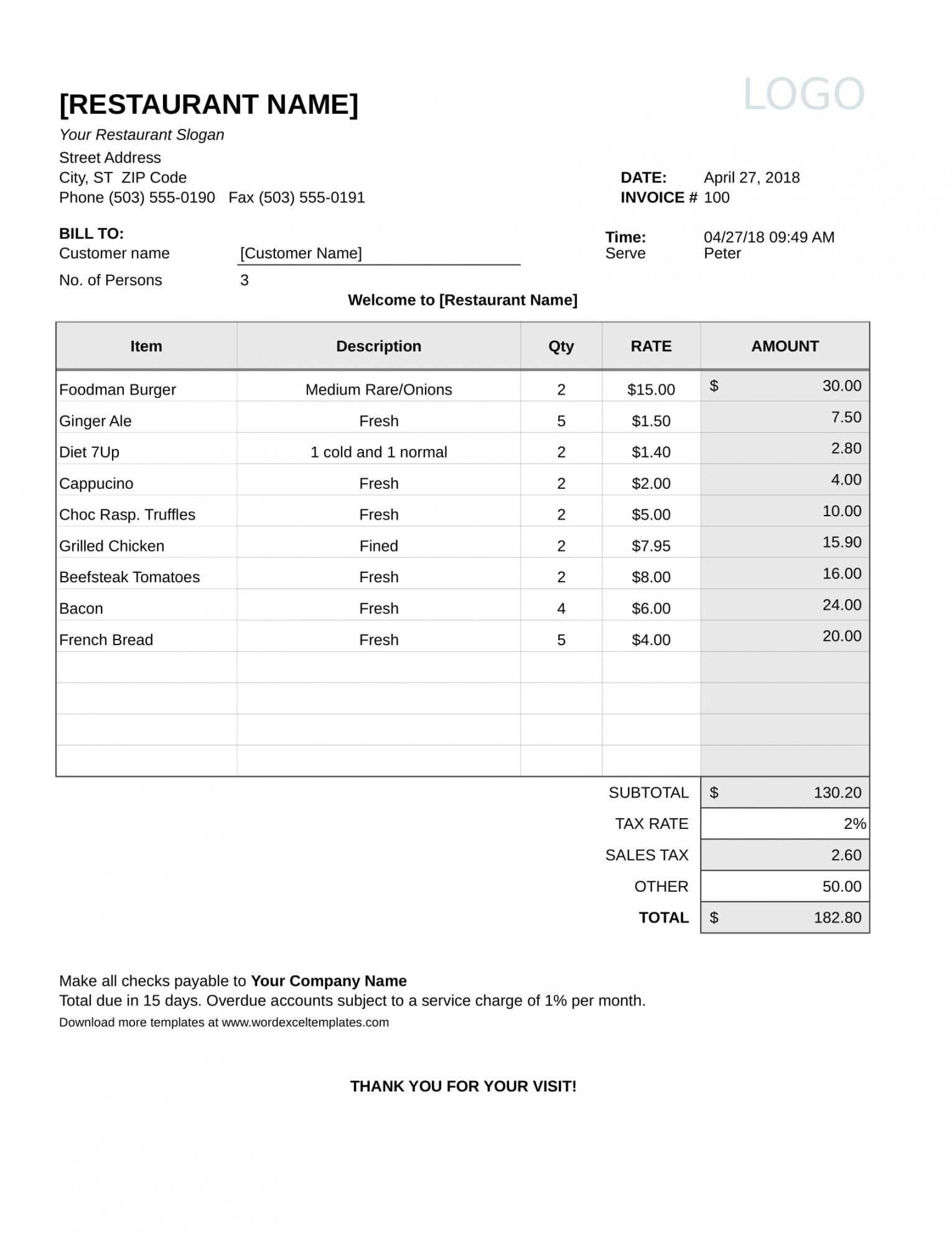 sample restaurant receipt template