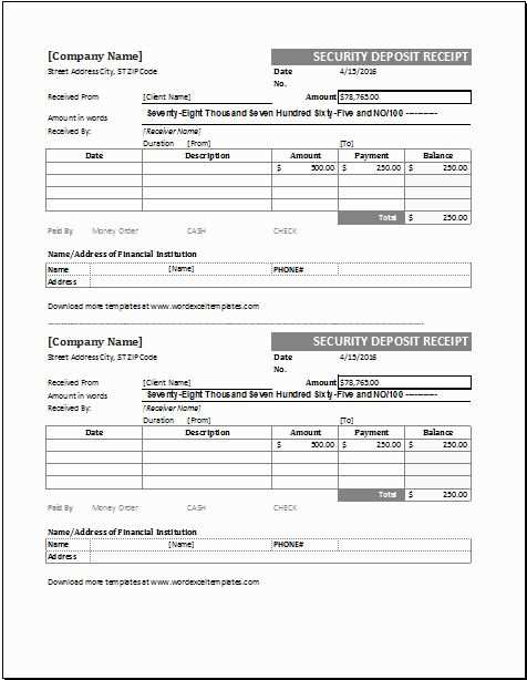 security deposit receipt template uk