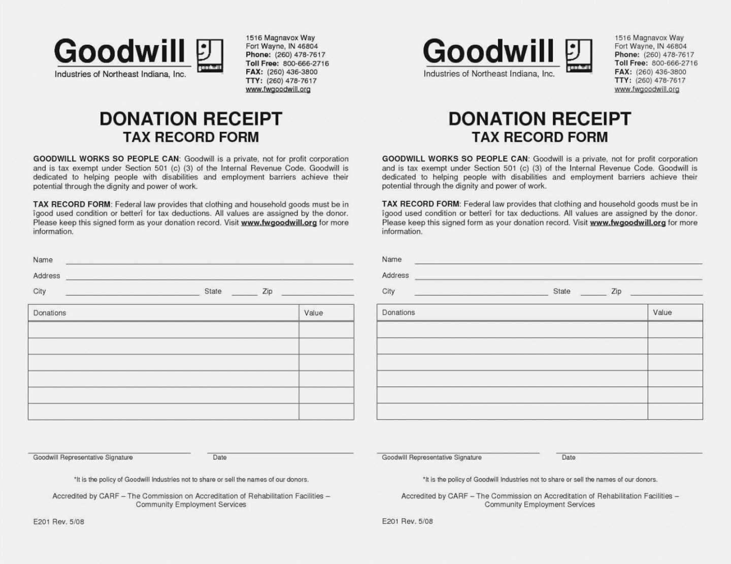 Tax donation receipt template