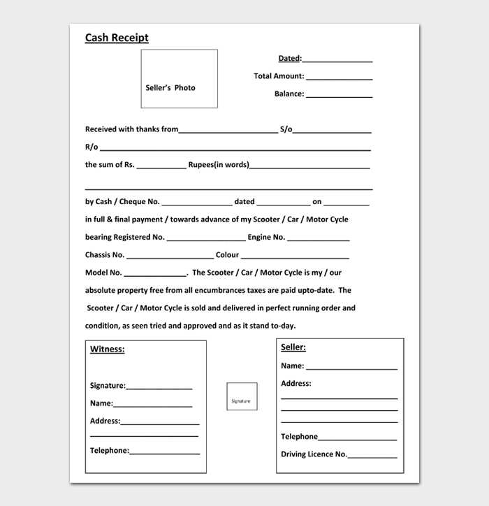 Template cash receipt for sale of car