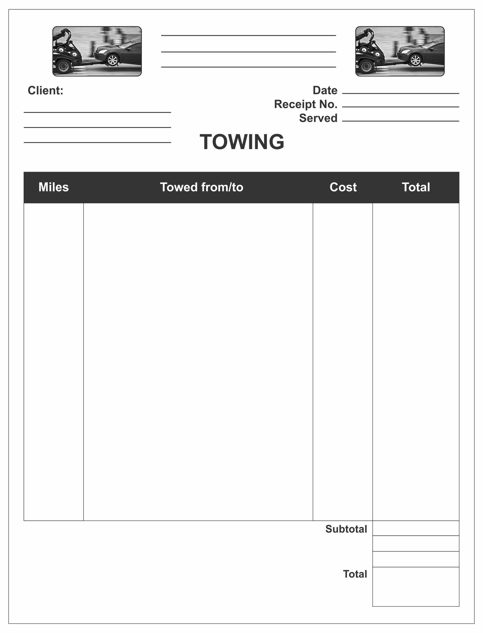 towing company receipt template blank