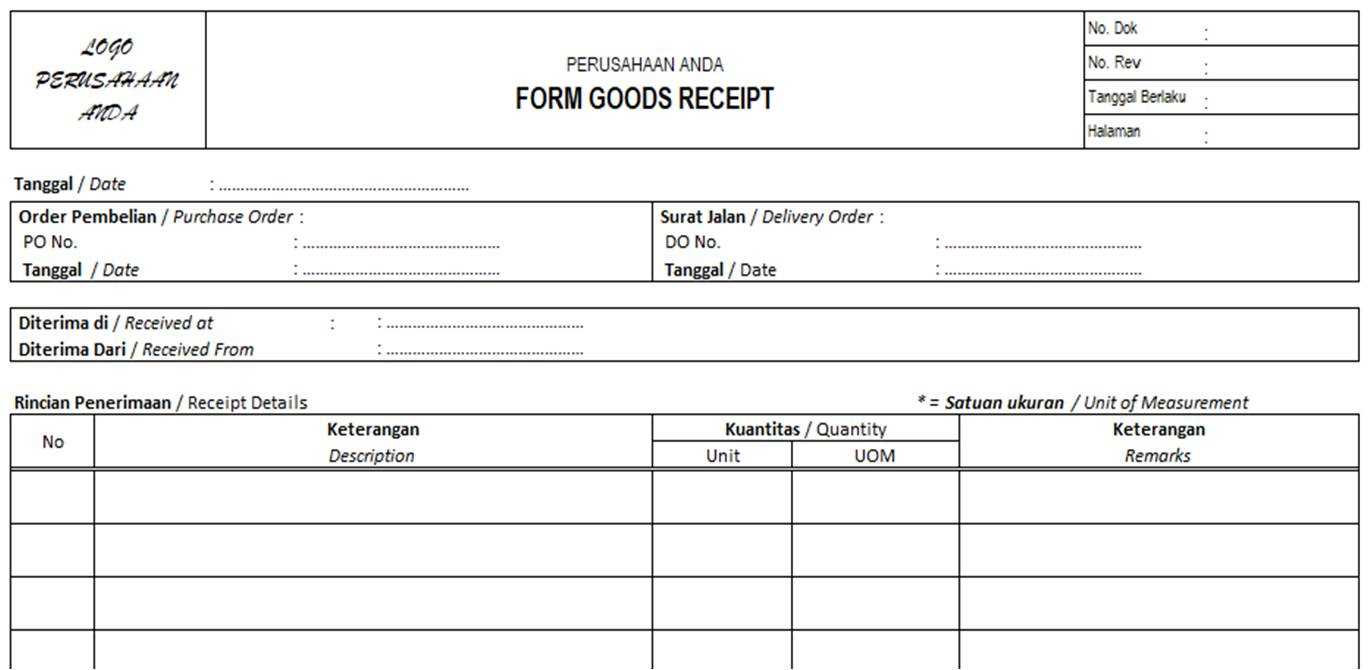 receipt of goods form template xls