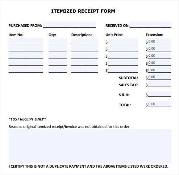receipt for items received template word