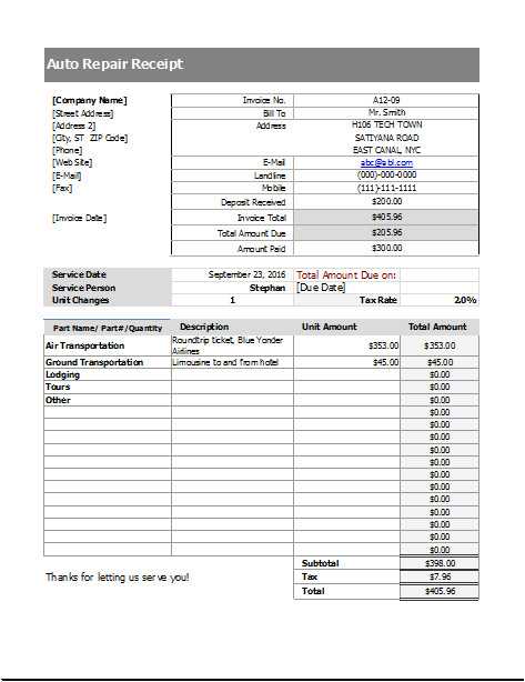 auto sales receipt template