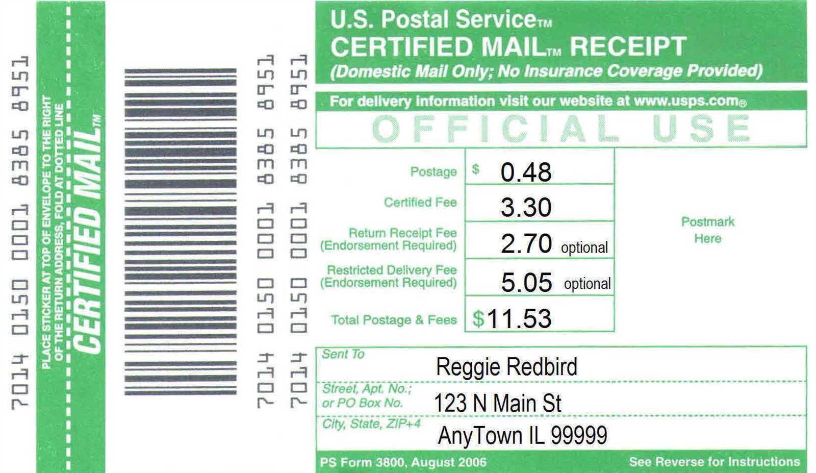 certified mail receipt template