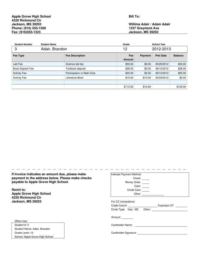 college fee receipt template