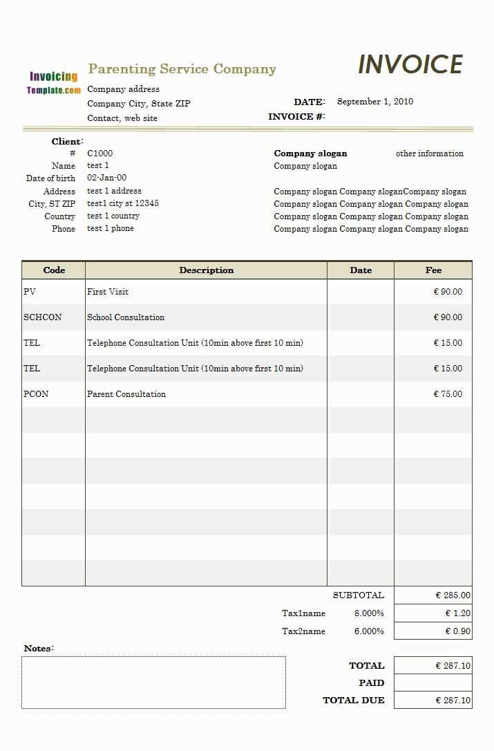 Child care receipt template