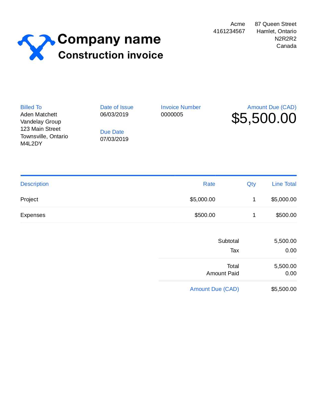 contractor receipt template free