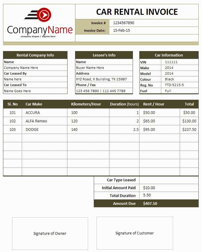 car hire receipt template word