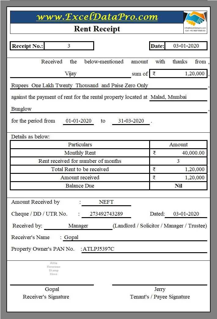 free rent receipt template excel