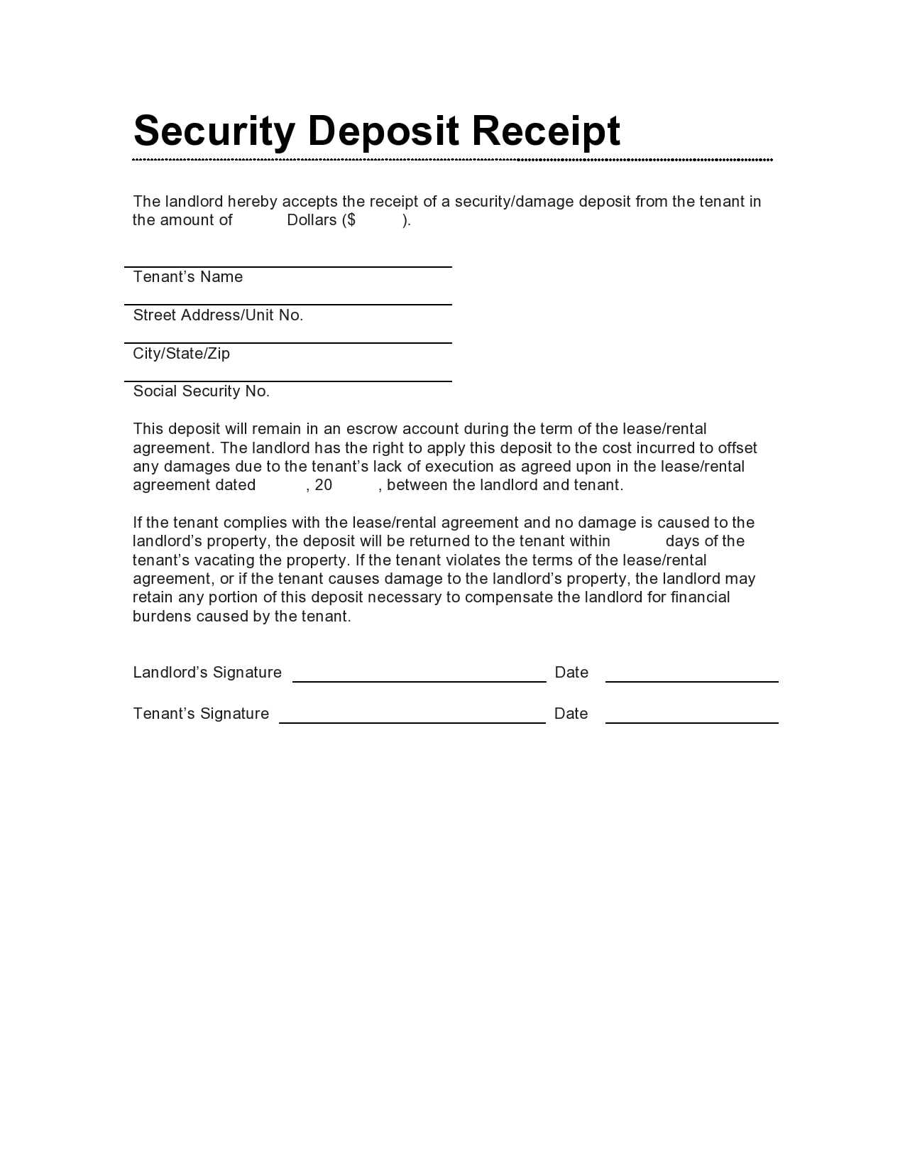 free template receipt of deposit for partenrship