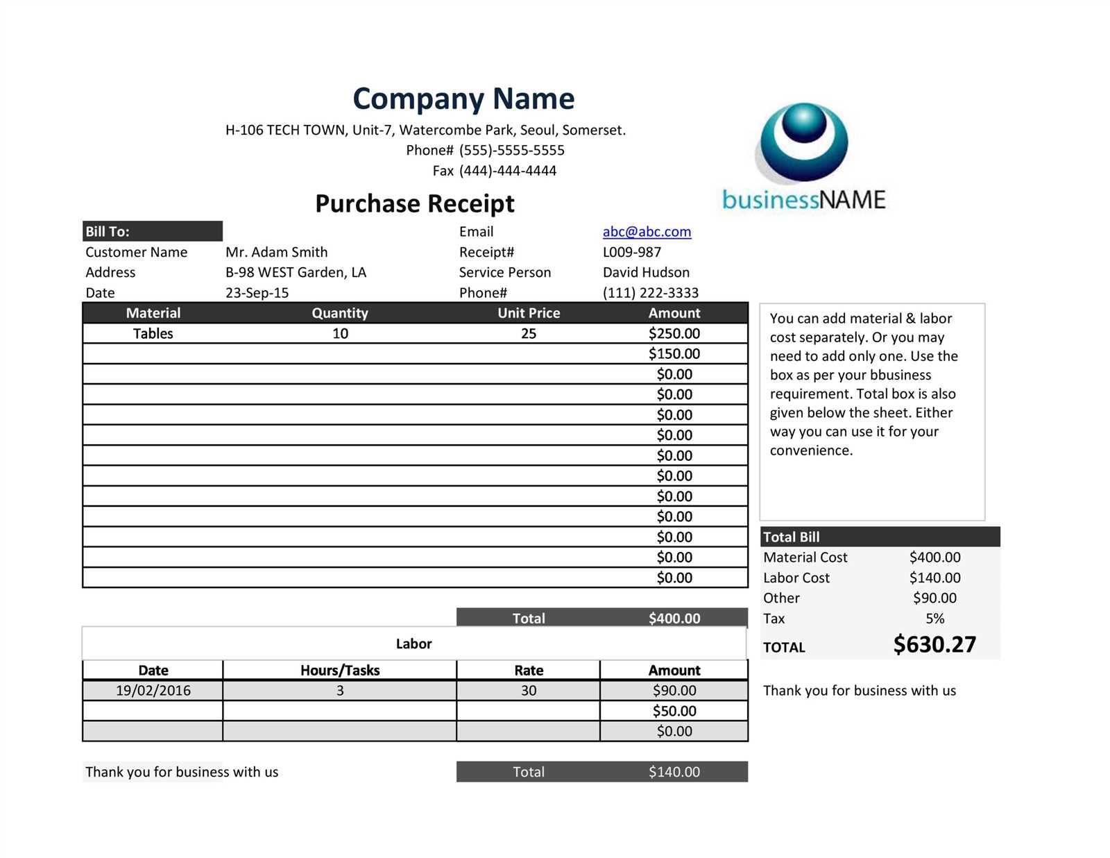 purchase receipt template excel