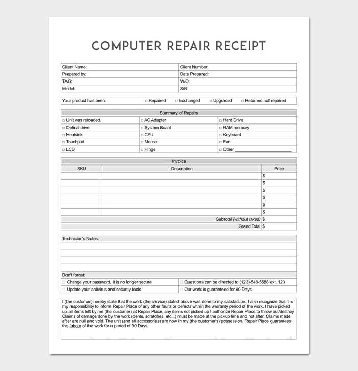 printer repair receipt template