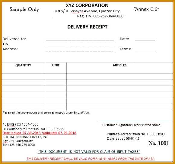 goods delivery receipt template