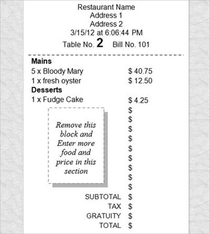 restaurant receipt template excel