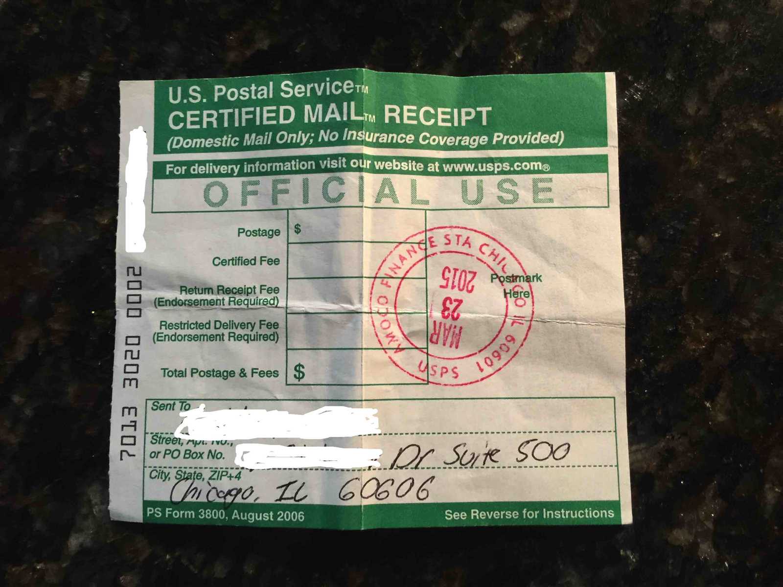 certified mail receipt template