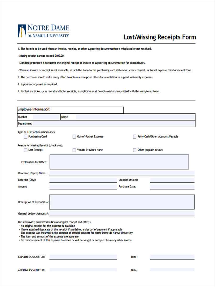 missing receipt form template