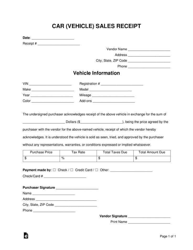 motor vehicle sales receipt template