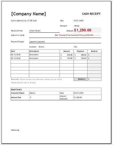 cash receipt template excel free download