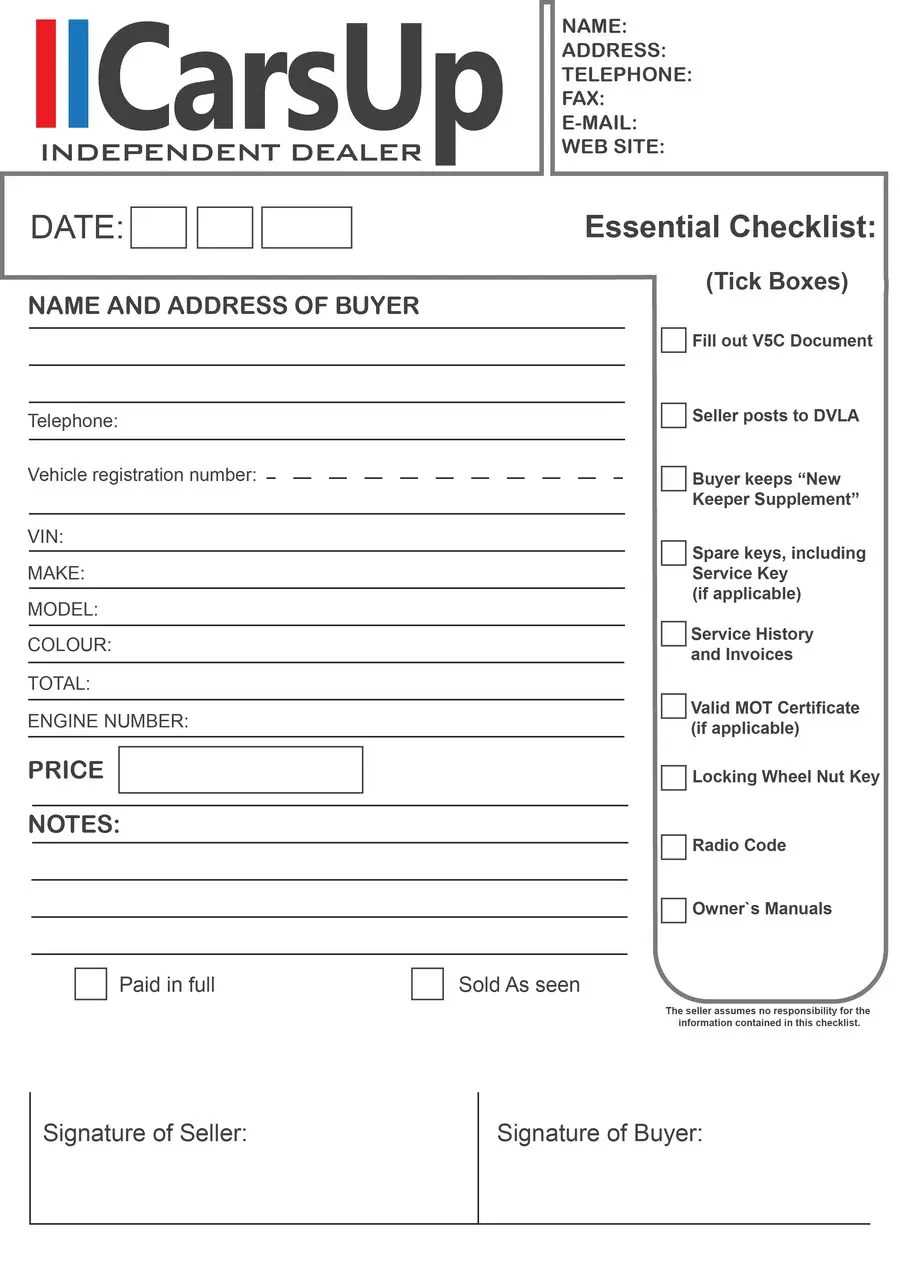 private car sale receipt template uk sold as seen