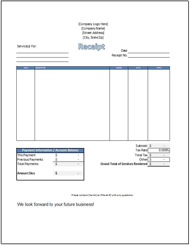 payment receipts for services rendered template