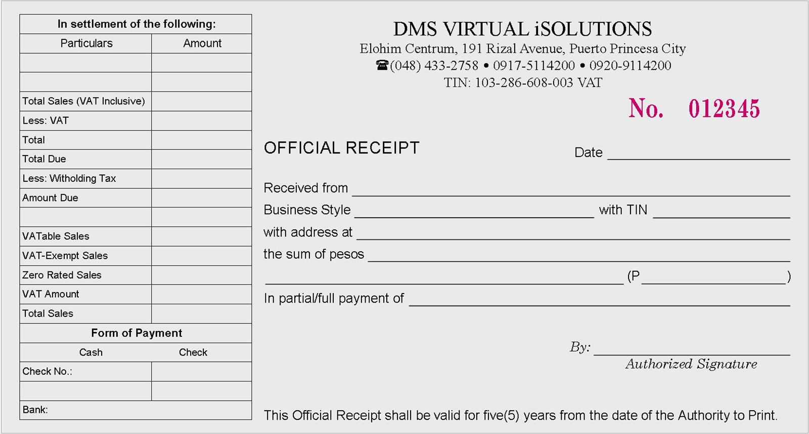 Official receipt template