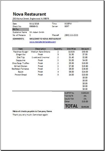 restaurant receipt template doc