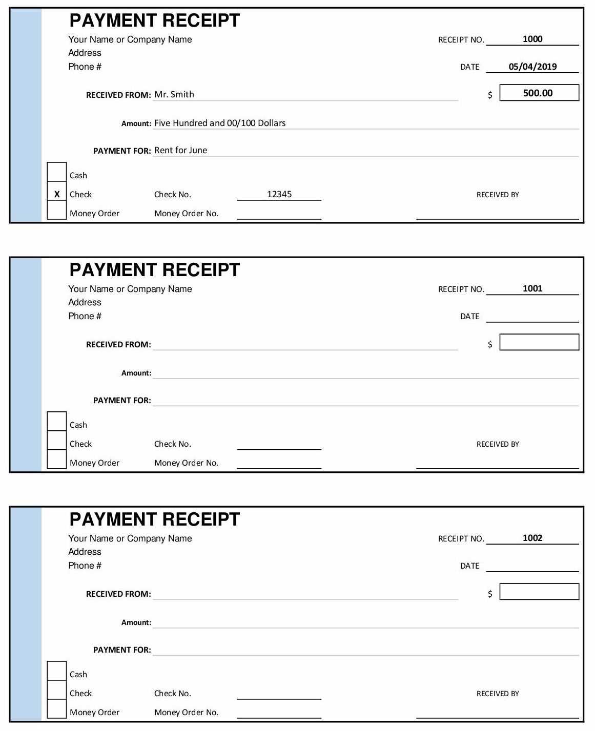 Payment receipts for services rendered template