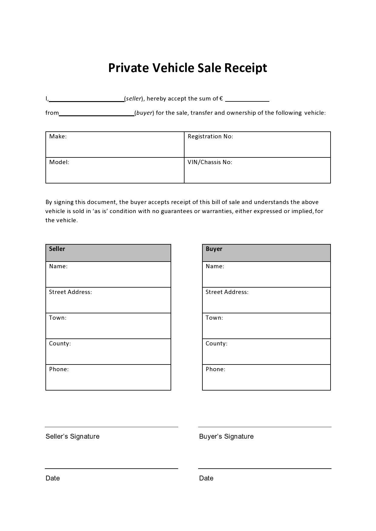 private car sale receipt template word