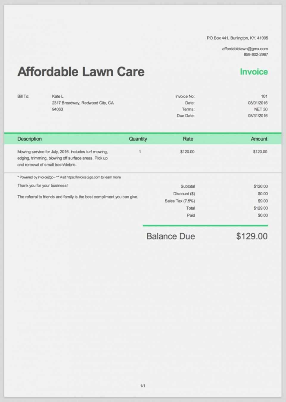 lawn care receipt template