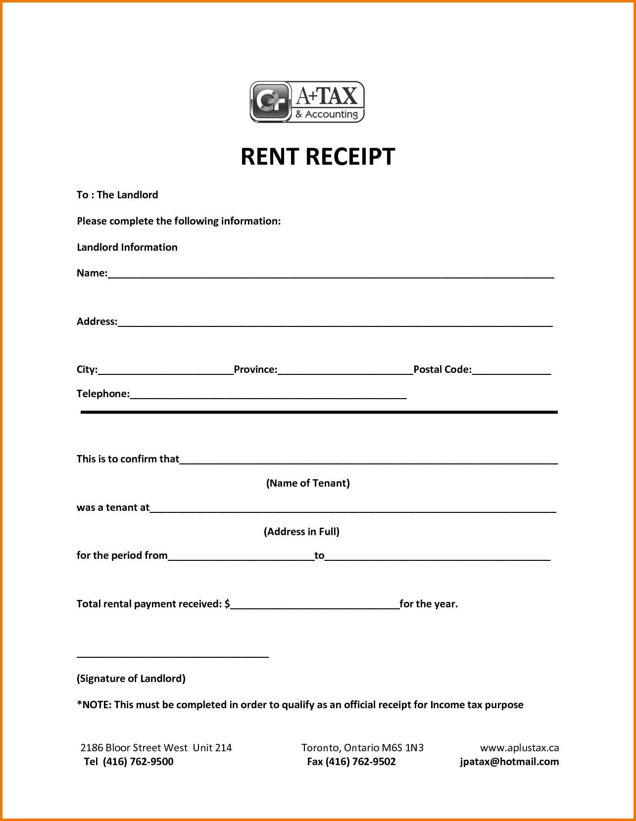 receipt of rental payment template