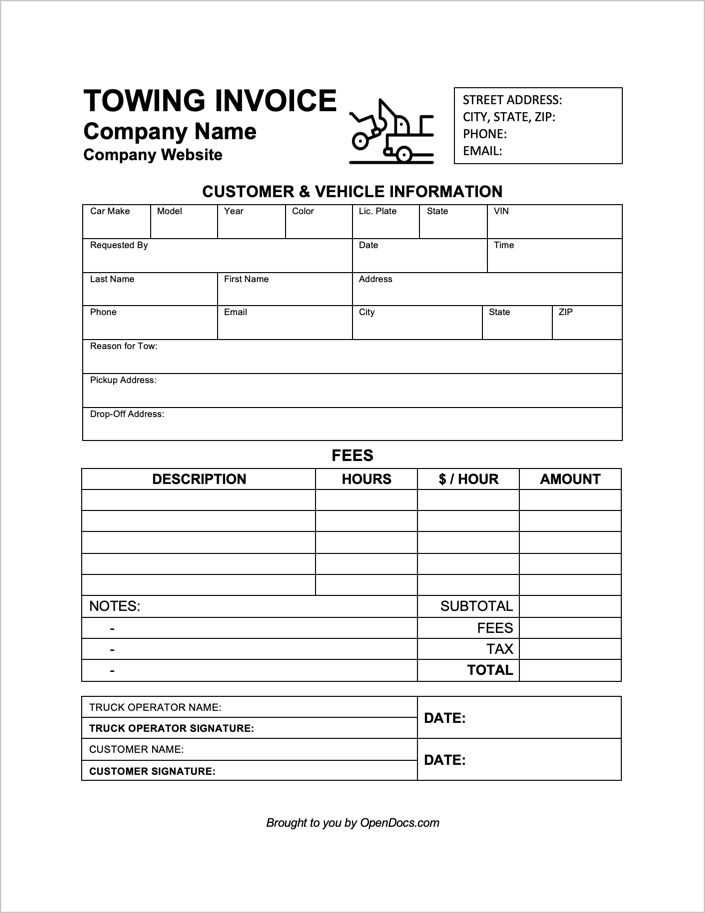 towing company receipt template blank