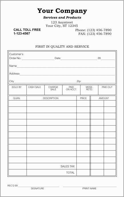 Sales receipt template printable