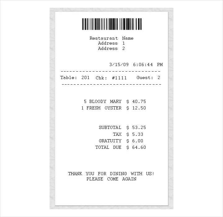 sample restaurant receipt template