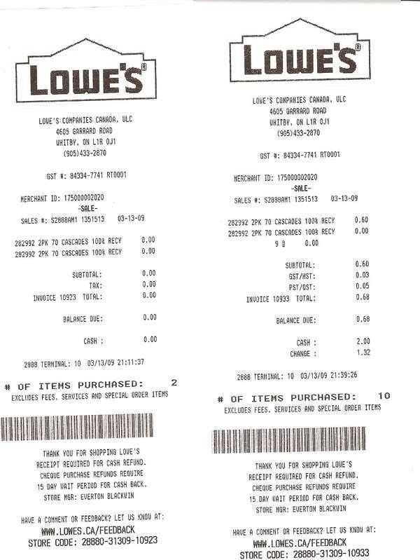 template home depot receipt