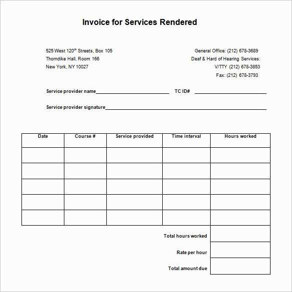 receipt template for services rendered