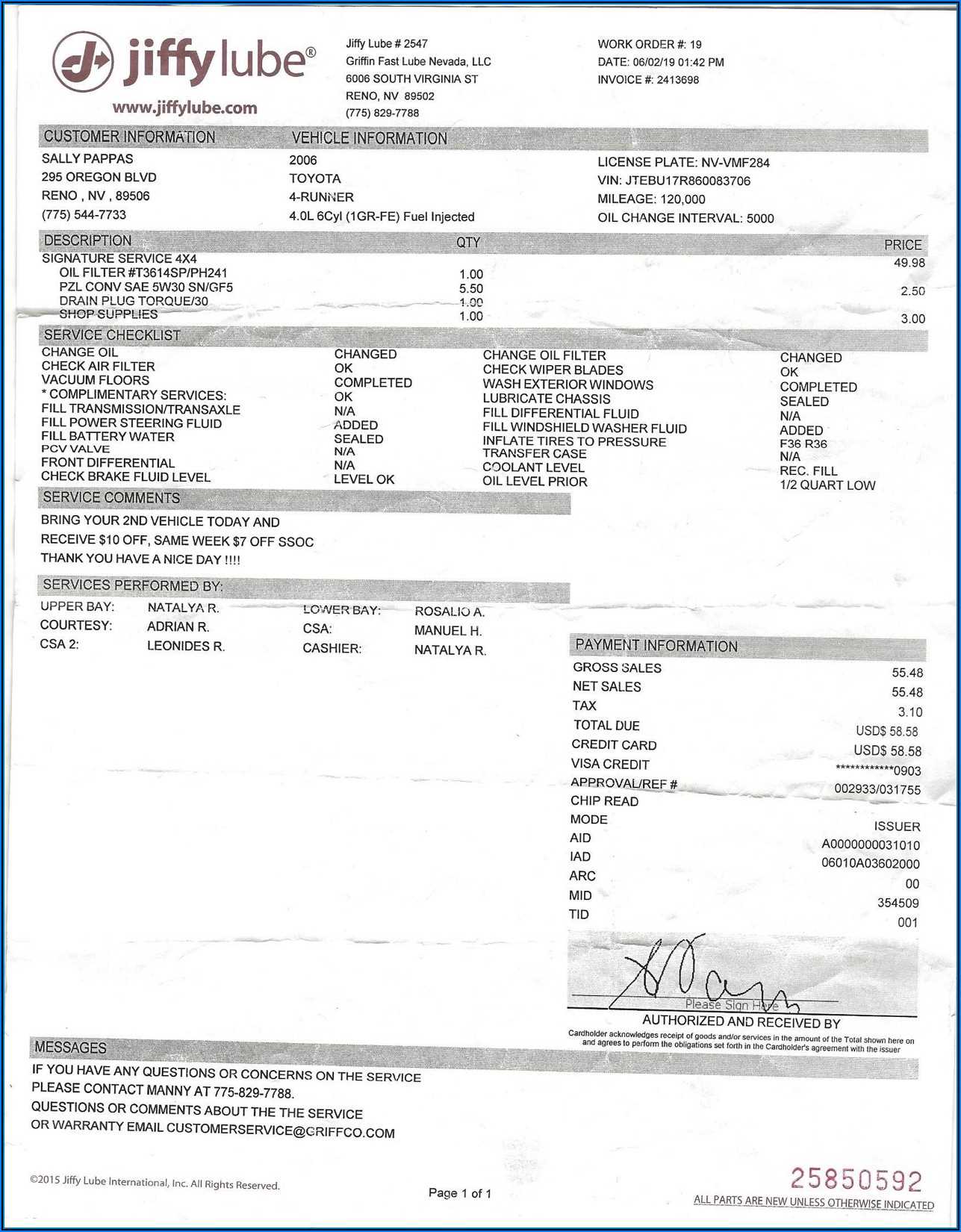 free oil change receipt template