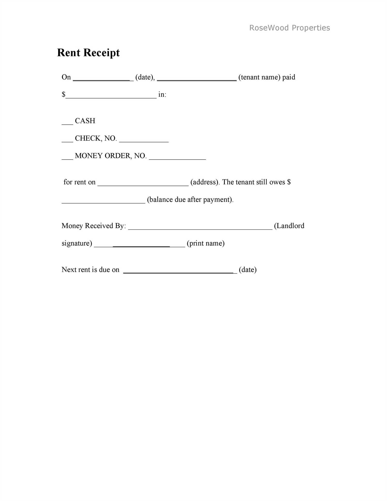 monthly rent payment receipt template